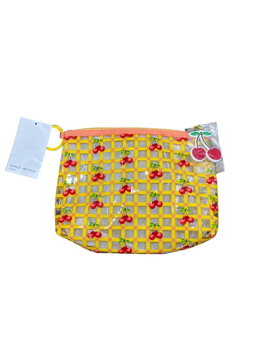 Clear Cherry-Print Zipper Pouch With Yellow Grid Zipper & Cherry Charm